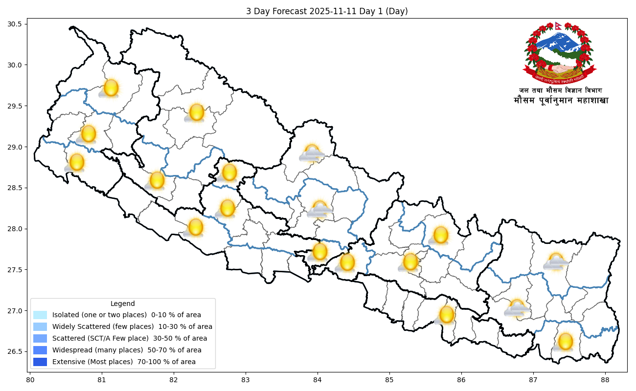 कोशी, गण्डकीका पहाडमा आंशिक बदली, अन्यत्र सफा