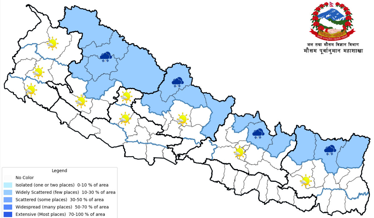 हिमाल,पहाडमा बदली, वर्षाको संभावना, तराईमा हुस्सु
