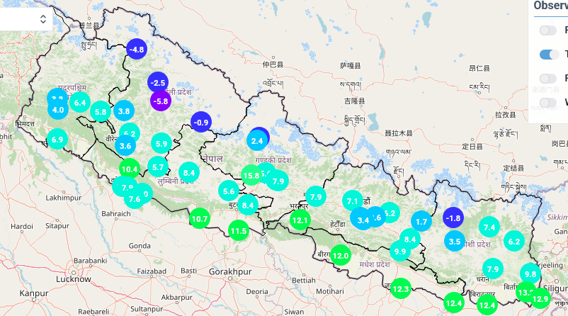 कहाँ कति चिसो :पूर्व भन्दा पश्चिम चिसो,  जिरी १.७ डिग्रि, जुम्ला माइनस ५.८ डिग्रि