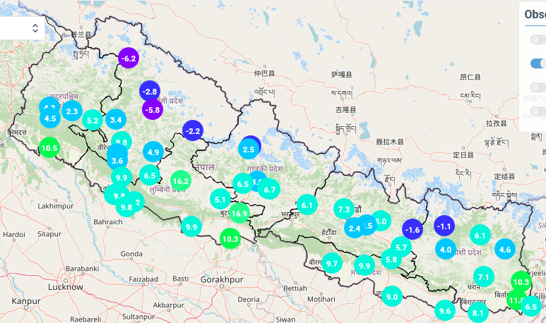 बिहान ७ बजे कहाँ कति चिसो ?काठमाडौं २ः४, सिमिकोट -५.८