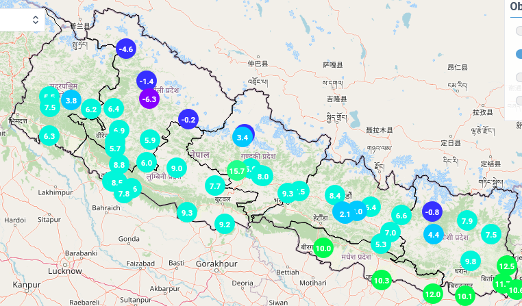 कहाँ कति चिसो ?काठमाडौं २.१,सिन्धुली ५.५ सिमिकोटः—५.७