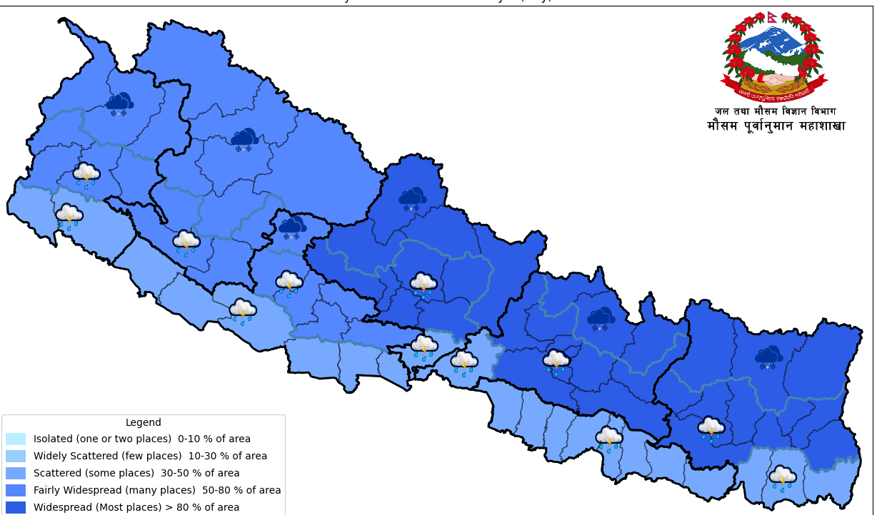 पश्चिमी न्यून चापीय प्रणालीको प्रभावः देशका विभिन्न भागमा वर्षा र हिमपातको सम्भावना